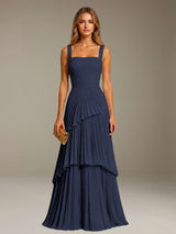 Free Shipping Elegant Square Neck A-Line Long Chiffon Wedding Guest Dress with Pleated
