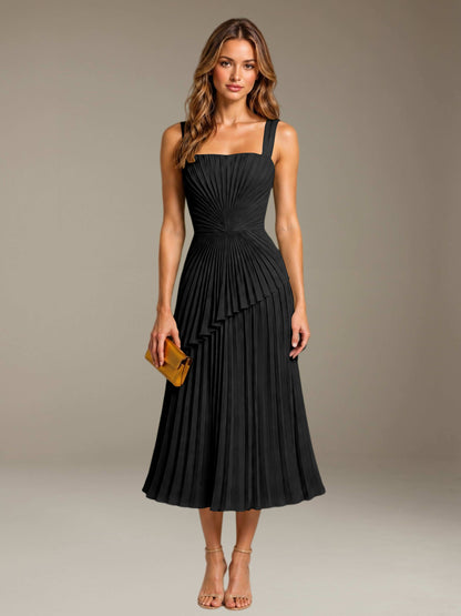 Black Free Shipping Elegant Square Neck A-Line Tea-Length Chiffon Wedding Guest Dress with Pleated