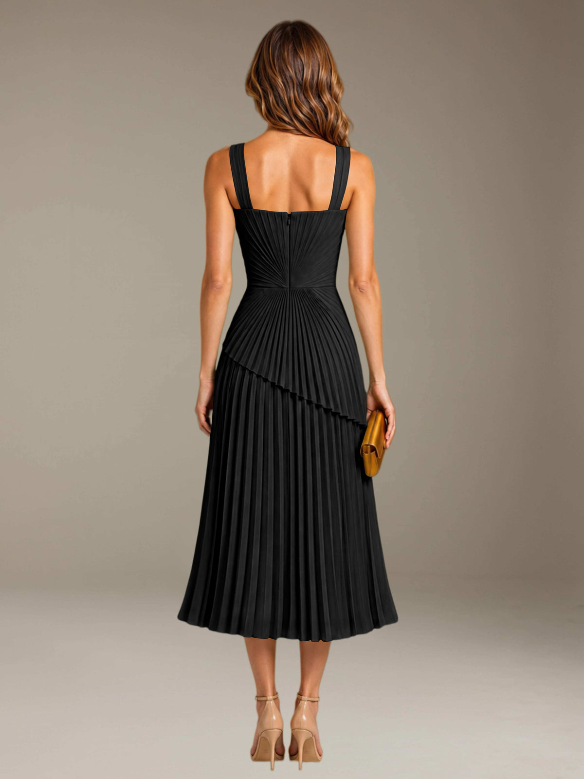 Black Free Shipping Elegant Square Neck A-Line Tea-Length Chiffon Wedding Guest Dress with Pleated