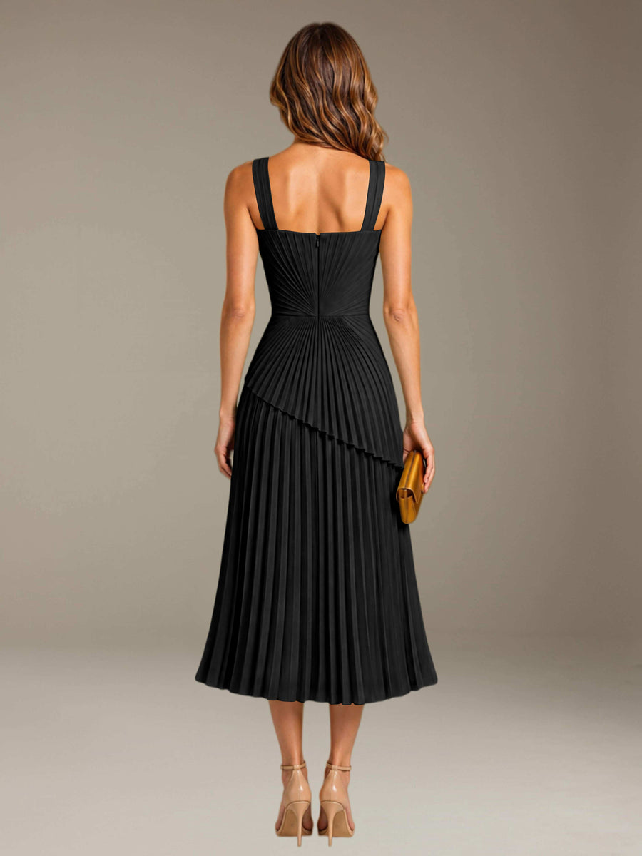 Black Free Shipping Elegant Square Neck A-Line Tea-Length Chiffon Wedding Guest Dress with Pleated
