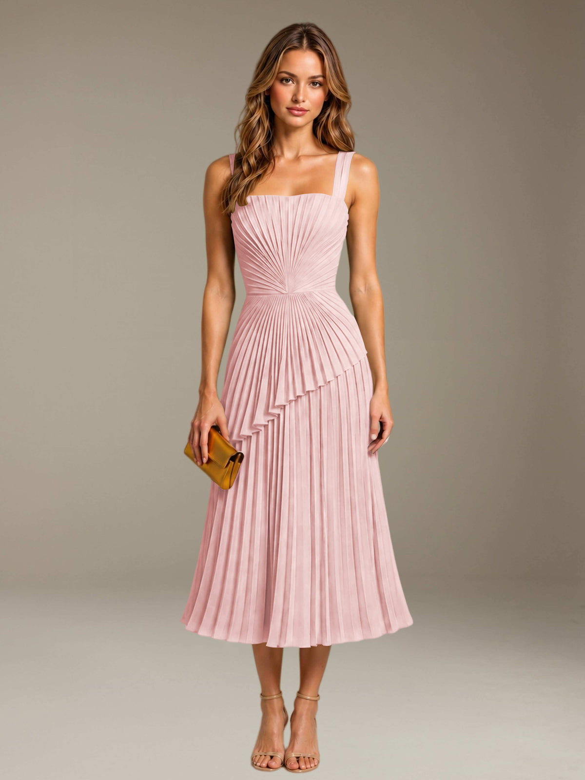 Blushing Pink Free Shipping Elegant Square Neck A-Line Tea-Length Chiffon Wedding Guest Dress with Pleated