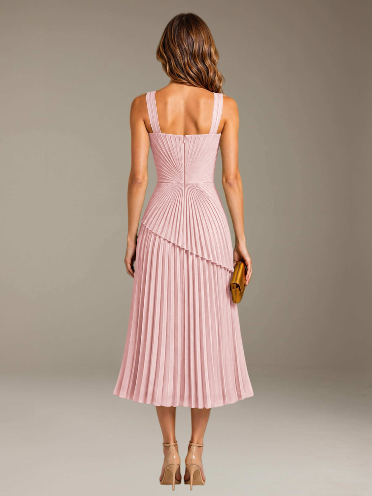 Blushing Pink Free Shipping Elegant Square Neck A-Line Tea-Length Chiffon Wedding Guest Dress with Pleated