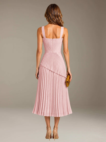 Blushing Pink Free Shipping Elegant Square Neck A-Line Tea-Length Chiffon Wedding Guest Dress with Pleated