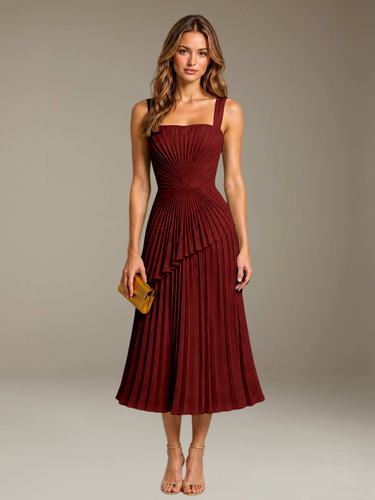 Burgundy Free Shipping Elegant Square Neck A-Line Tea-Length Chiffon Wedding Guest Dress with Pleated