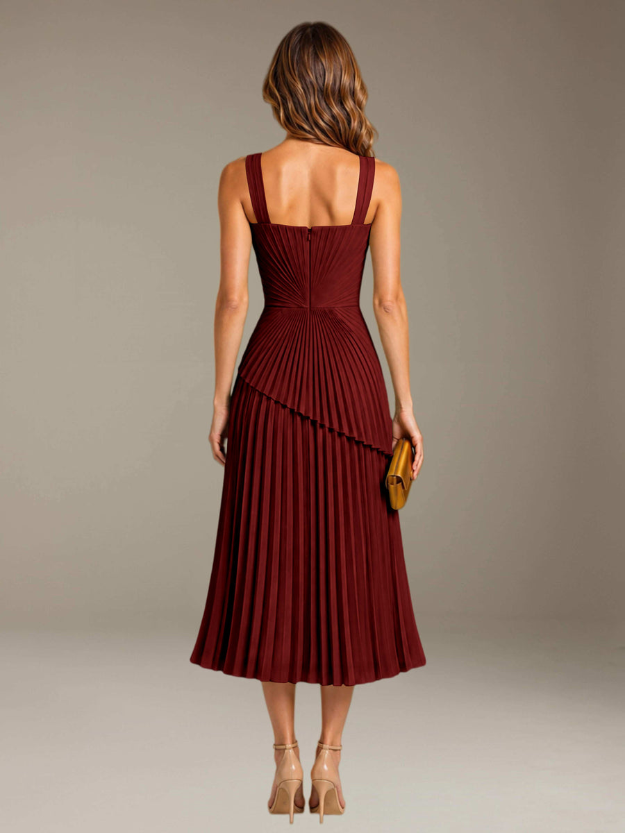 Burgundy Free Shipping Elegant Square Neck A-Line Tea-Length Chiffon Wedding Guest Dress with Pleated