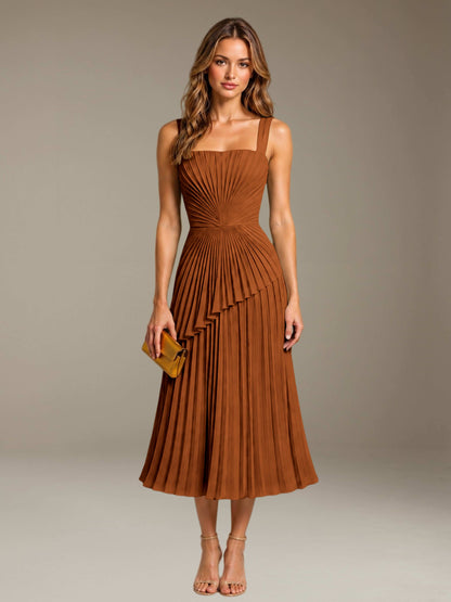 Burnt Orange Free Shipping Elegant Square Neck A-Line Tea-Length Chiffon Wedding Guest Dress with Pleated