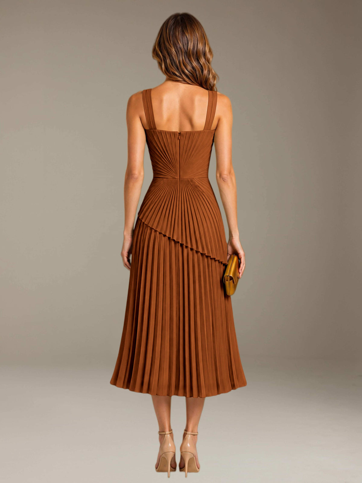 Burnt Orange Free Shipping Elegant Square Neck A-Line Tea-Length Chiffon Wedding Guest Dress with Pleated
