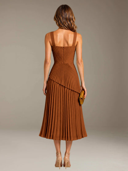 Burnt Orange Free Shipping Elegant Square Neck A-Line Tea-Length Chiffon Wedding Guest Dress with Pleated
