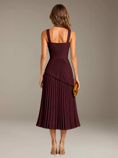 Cabernet Free Shipping Elegant Square Neck A-Line Tea-Length Chiffon Wedding Guest Dress with Pleated