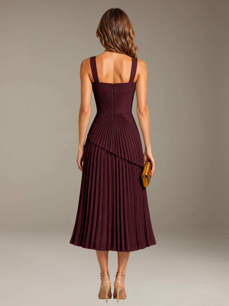 Cabernet Free Shipping Elegant Square Neck A-Line Tea-Length Chiffon Wedding Guest Dress with Pleated