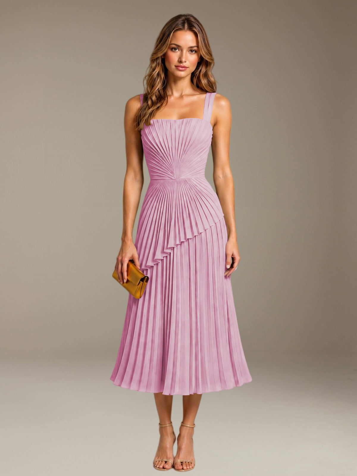 Candy Pink Free Shipping Elegant Square Neck A-Line Tea-Length Chiffon Wedding Guest Dress with Pleated