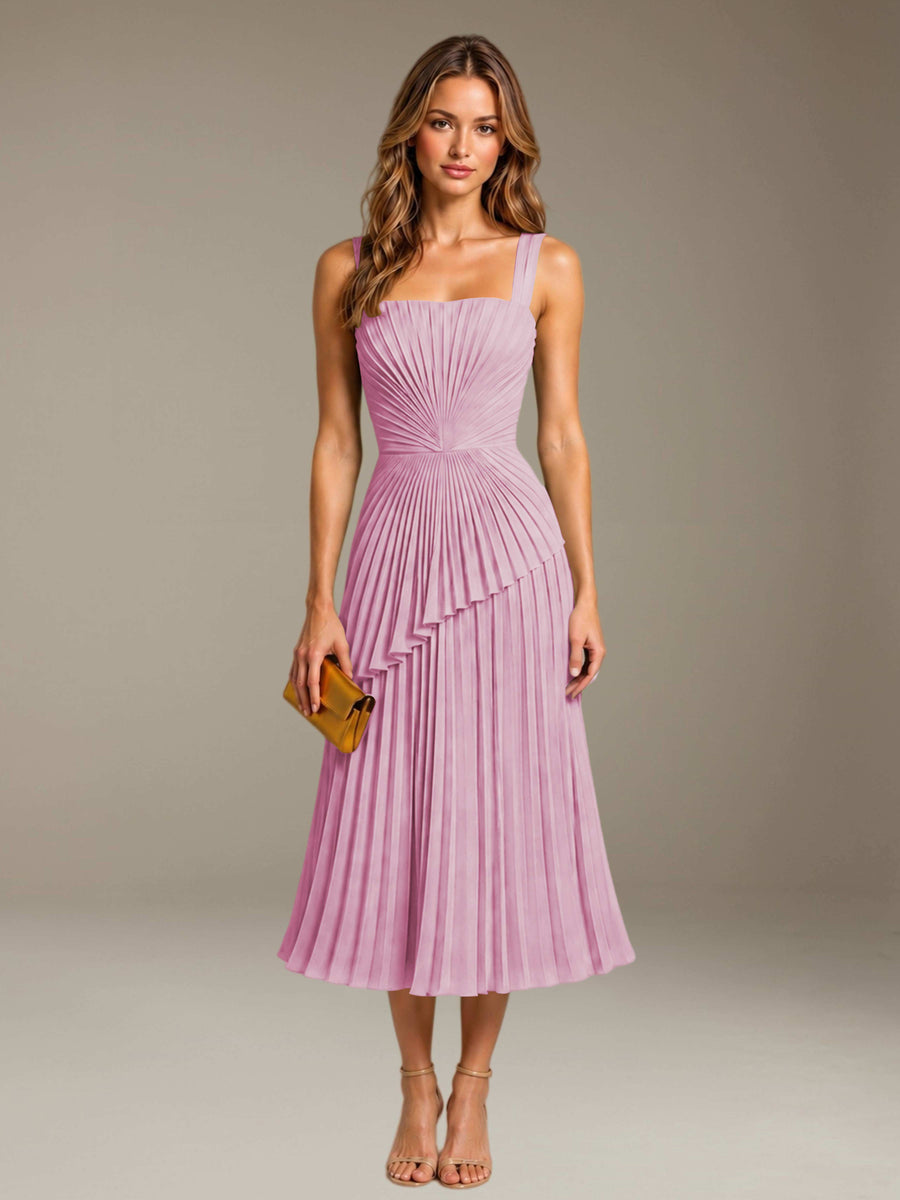Candy Pink Free Shipping Elegant Square Neck A-Line Tea-Length Chiffon Wedding Guest Dress with Pleated