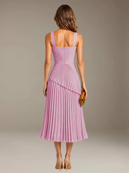 Candy Pink Free Shipping Elegant Square Neck A-Line Tea-Length Chiffon Wedding Guest Dress with Pleated
