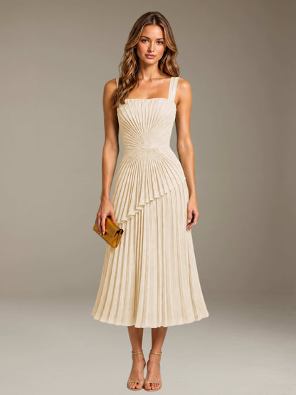 Champagne Free Shipping Elegant Square Neck A-Line Tea-Length Chiffon Wedding Guest Dress with Pleated