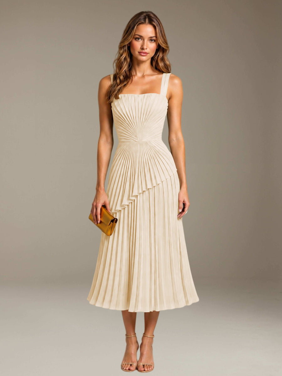 Champagne Free Shipping Elegant Square Neck A-Line Tea-Length Chiffon Wedding Guest Dress with Pleated