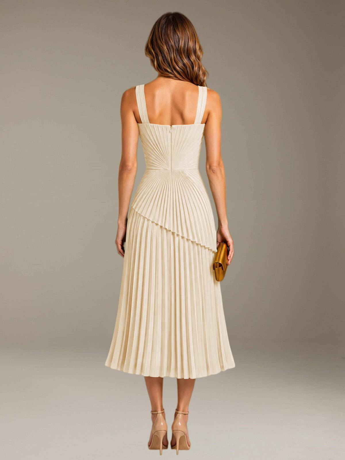 Champagne Free Shipping Elegant Square Neck A-Line Tea-Length Chiffon Wedding Guest Dress with Pleated