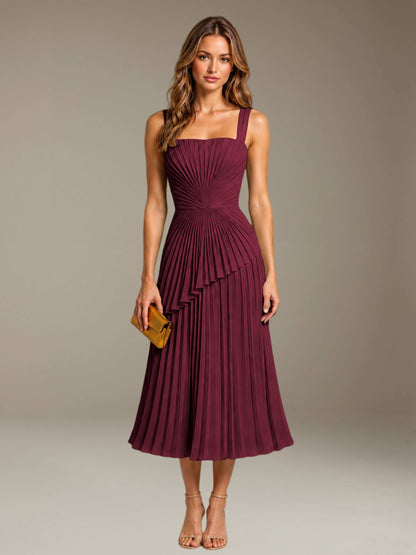 Cinnamon Rose Free Shipping Elegant Square Neck A-Line Tea-Length Chiffon Wedding Guest Dress with Pleated