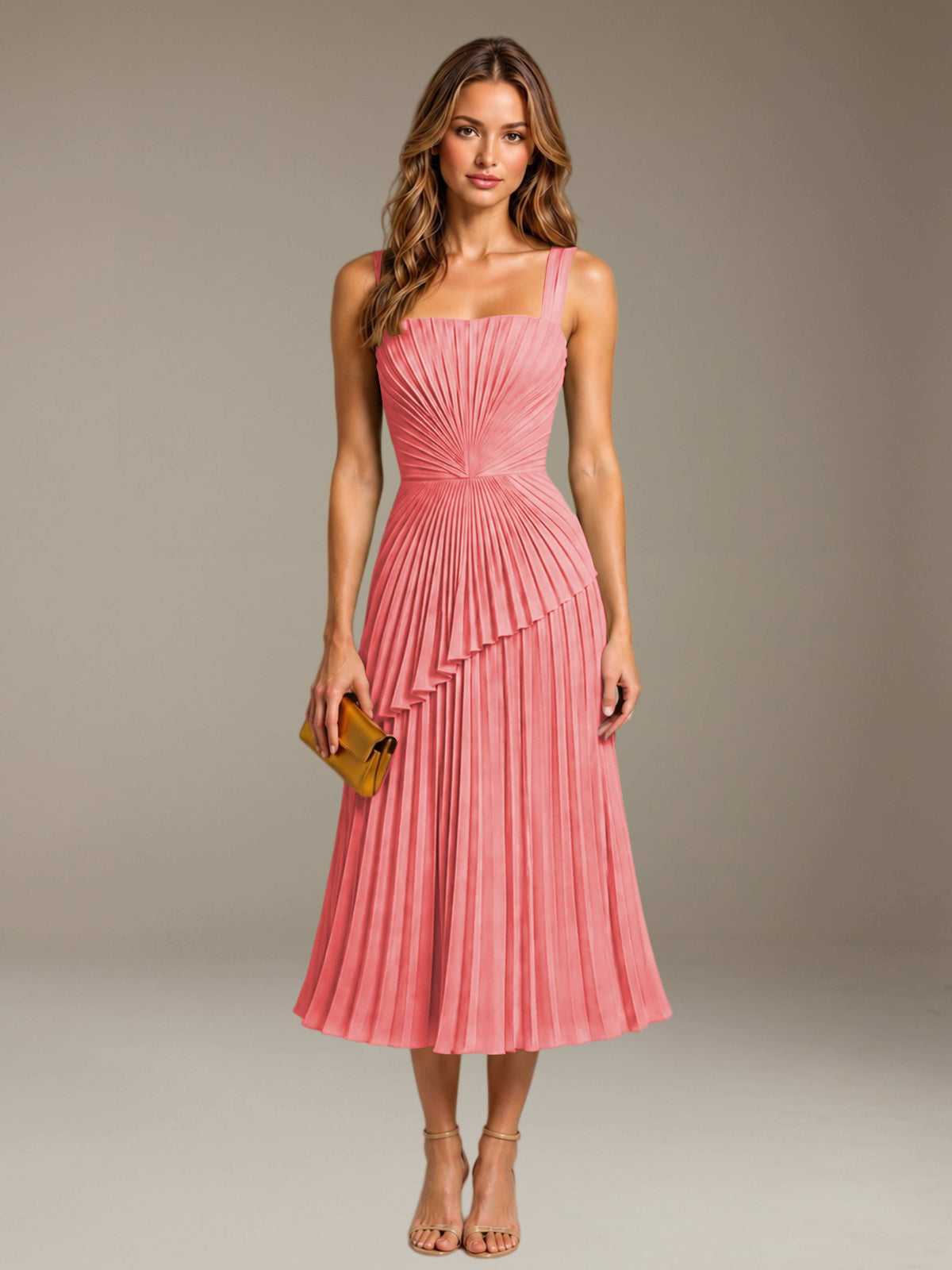 Coral Free Shipping Elegant Square Neck A-Line Tea-Length Chiffon Wedding Guest Dress with Pleated