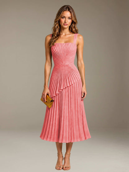 Coral Free Shipping Elegant Square Neck A-Line Tea-Length Chiffon Wedding Guest Dress with Pleated
