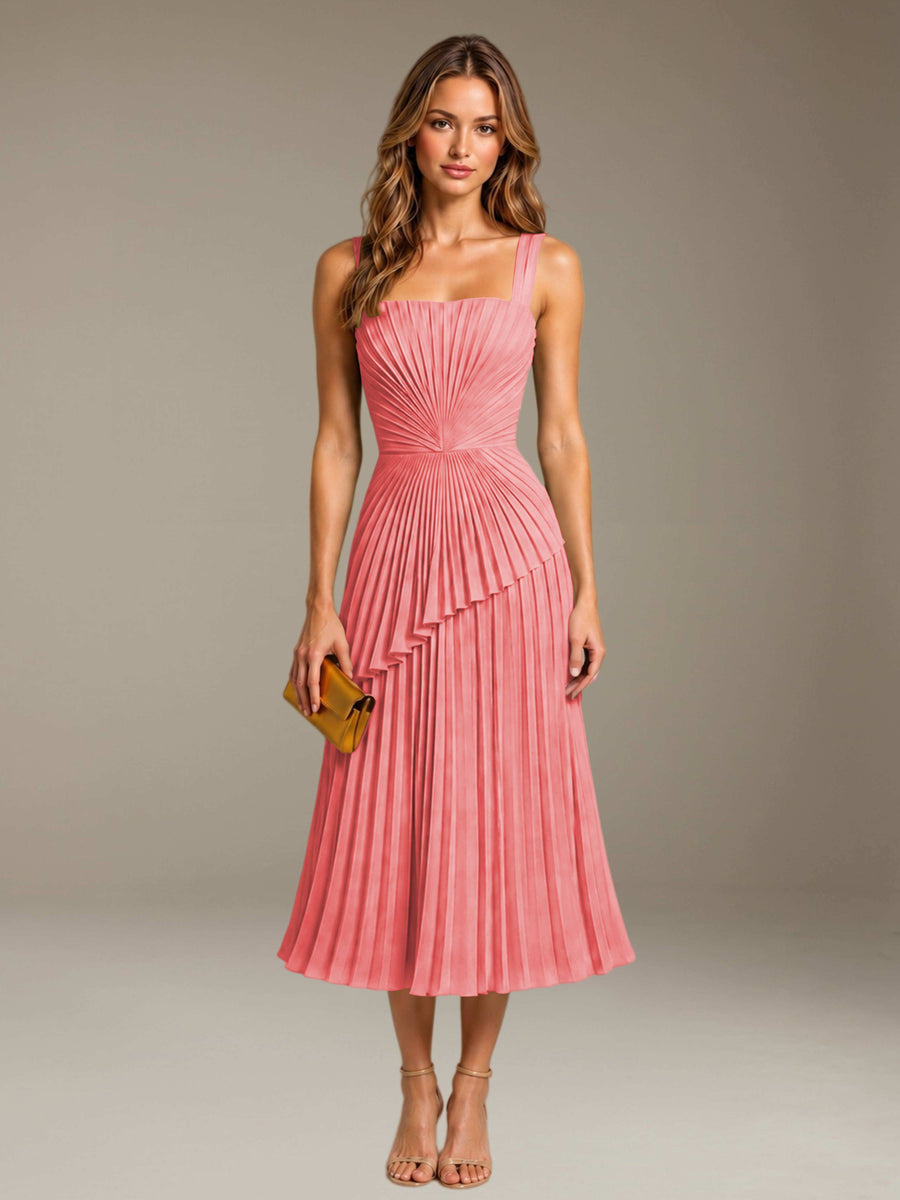 Coral Free Shipping Elegant Square Neck A-Line Tea-Length Chiffon Wedding Guest Dress with Pleated