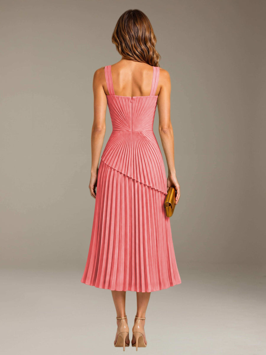 Coral Free Shipping Elegant Square Neck A-Line Tea-Length Chiffon Wedding Guest Dress with Pleated
