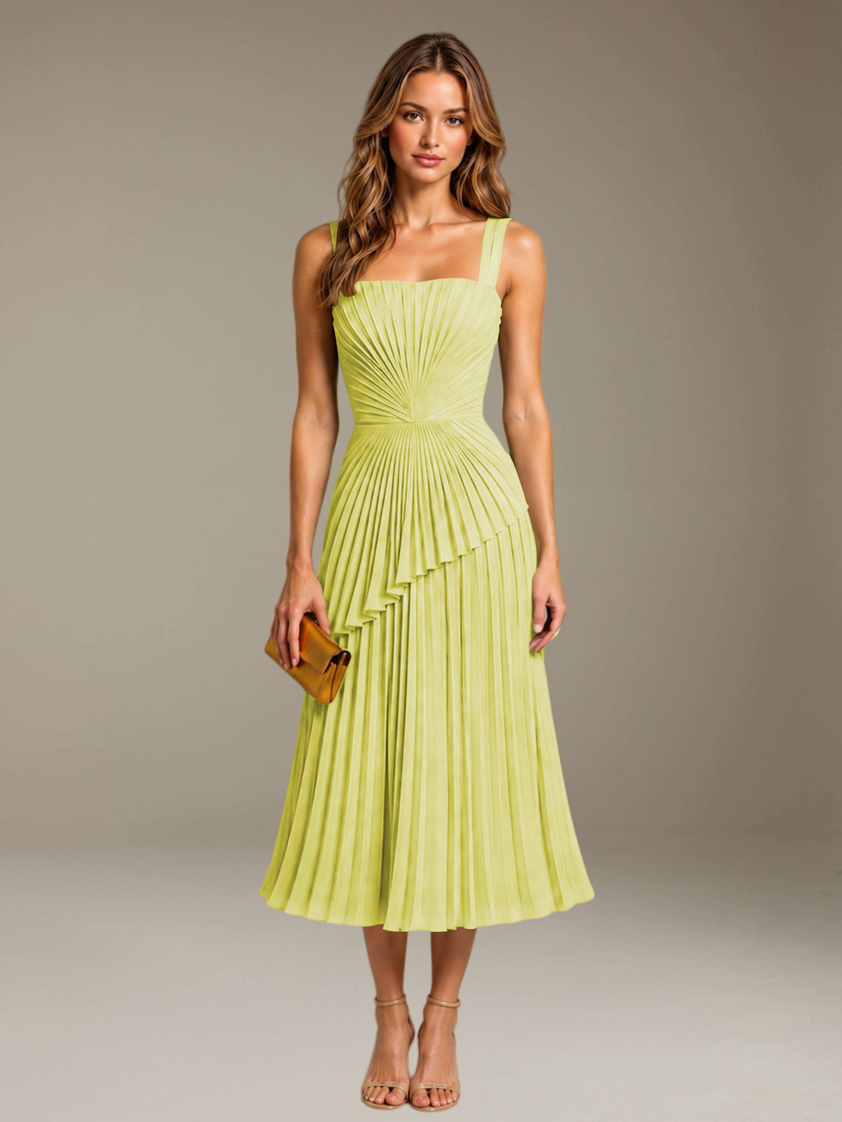 Daffodil Free Shipping Elegant Square Neck A-Line Tea-Length Chiffon Wedding Guest Dress with Pleated