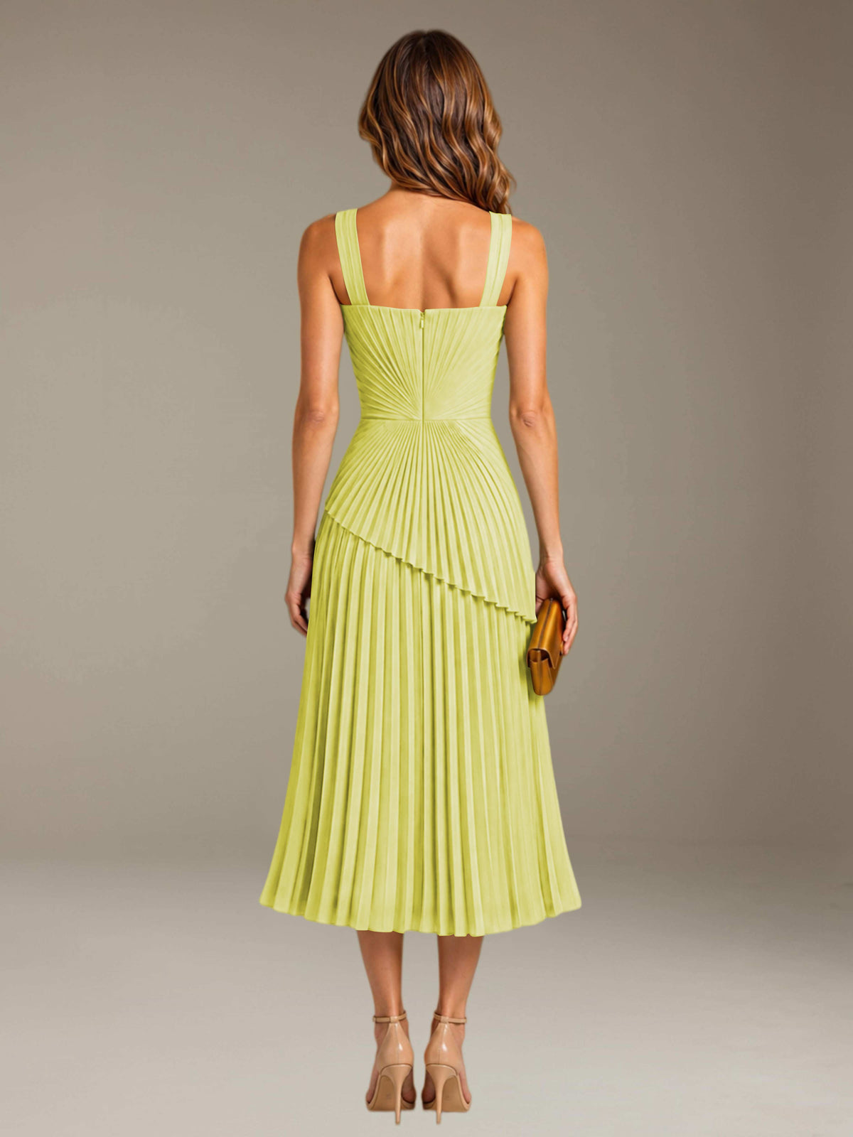 Daffodil Free Shipping Elegant Square Neck A-Line Tea-Length Chiffon Wedding Guest Dress with Pleated