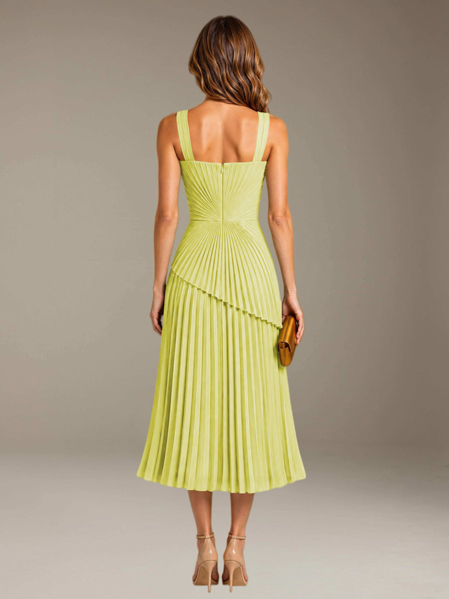 Daffodil Free Shipping Elegant Square Neck A-Line Tea-Length Chiffon Wedding Guest Dress with Pleated