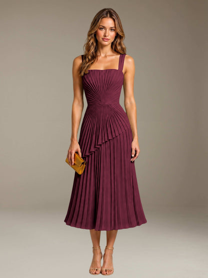 Desert Rose Free Shipping Elegant Square Neck A-Line Tea-Length Chiffon Wedding Guest Dress with Pleated