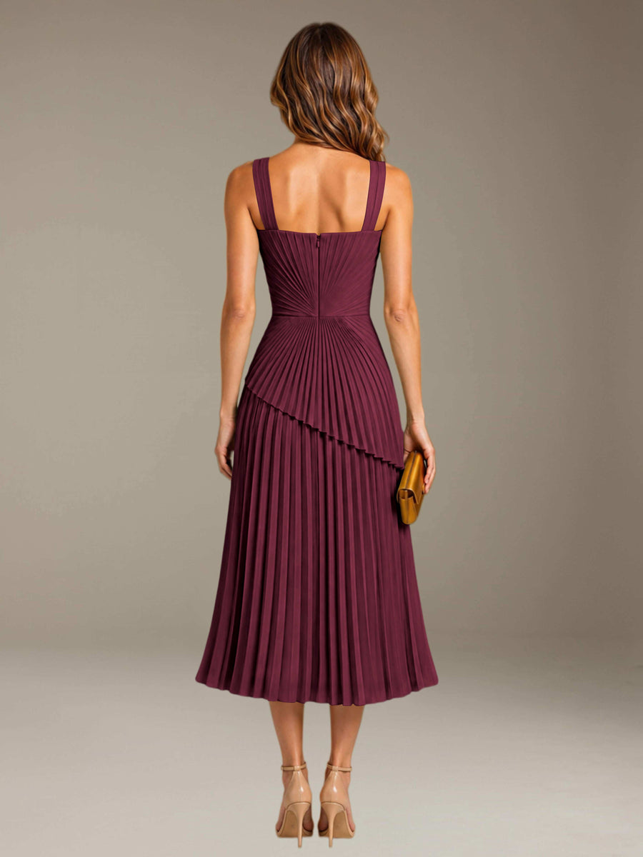 Desert Rose Free Shipping Elegant Square Neck A-Line Tea-Length Chiffon Wedding Guest Dress with Pleated