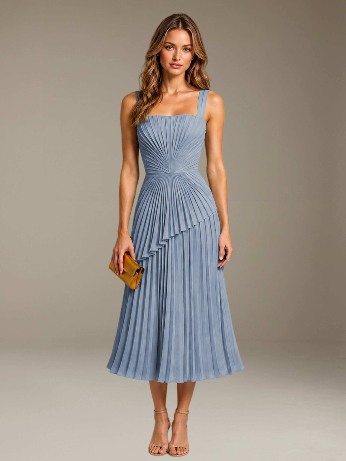 Dusty Blue Free Shipping Elegant Square Neck A-Line Tea-Length Chiffon Wedding Guest Dress with Pleated