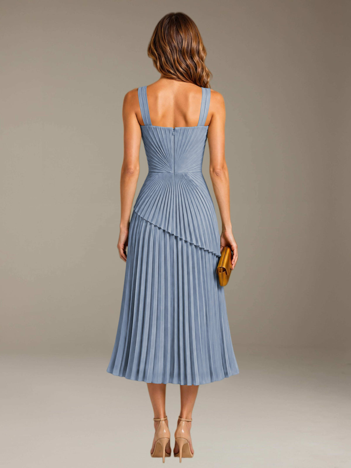 Dusty Blue Free Shipping Elegant Square Neck A-Line Tea-Length Chiffon Wedding Guest Dress with Pleated