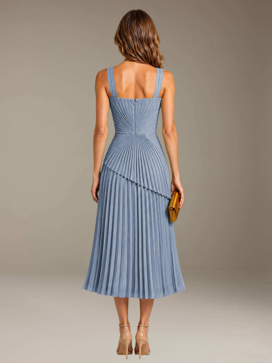 Dusty Blue Free Shipping Elegant Square Neck A-Line Tea-Length Chiffon Wedding Guest Dress with Pleated