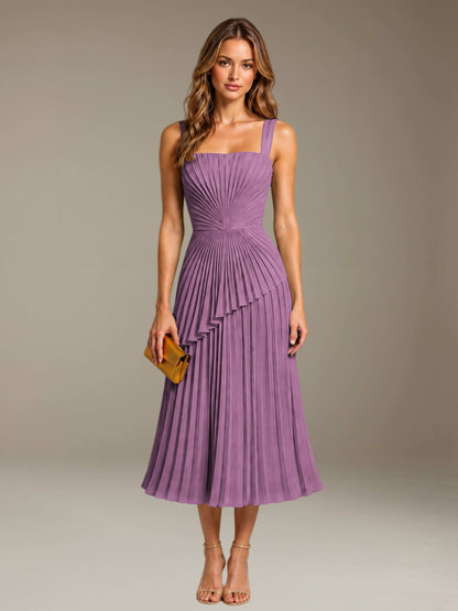 Dusty Purple Free Shipping Elegant Square Neck A-Line Tea-Length Chiffon Wedding Guest Dress with Pleated
