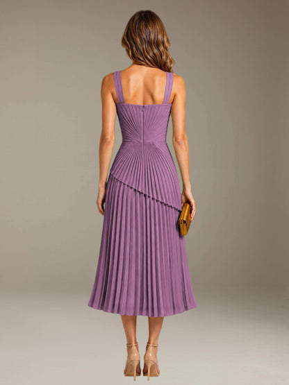Dusty Purple Free Shipping Elegant Square Neck A-Line Tea-Length Chiffon Wedding Guest Dress with Pleated