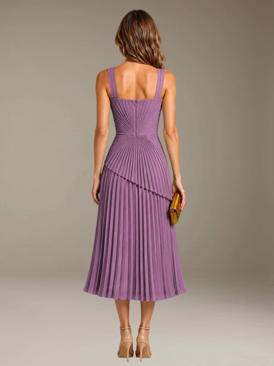 Dusty Purple Free Shipping Elegant Square Neck A-Line Tea-Length Chiffon Wedding Guest Dress with Pleated