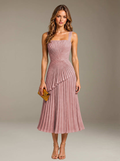 Dusty Rose Free Shipping Elegant Square Neck A-Line Tea-Length Chiffon Wedding Guest Dress with Pleated