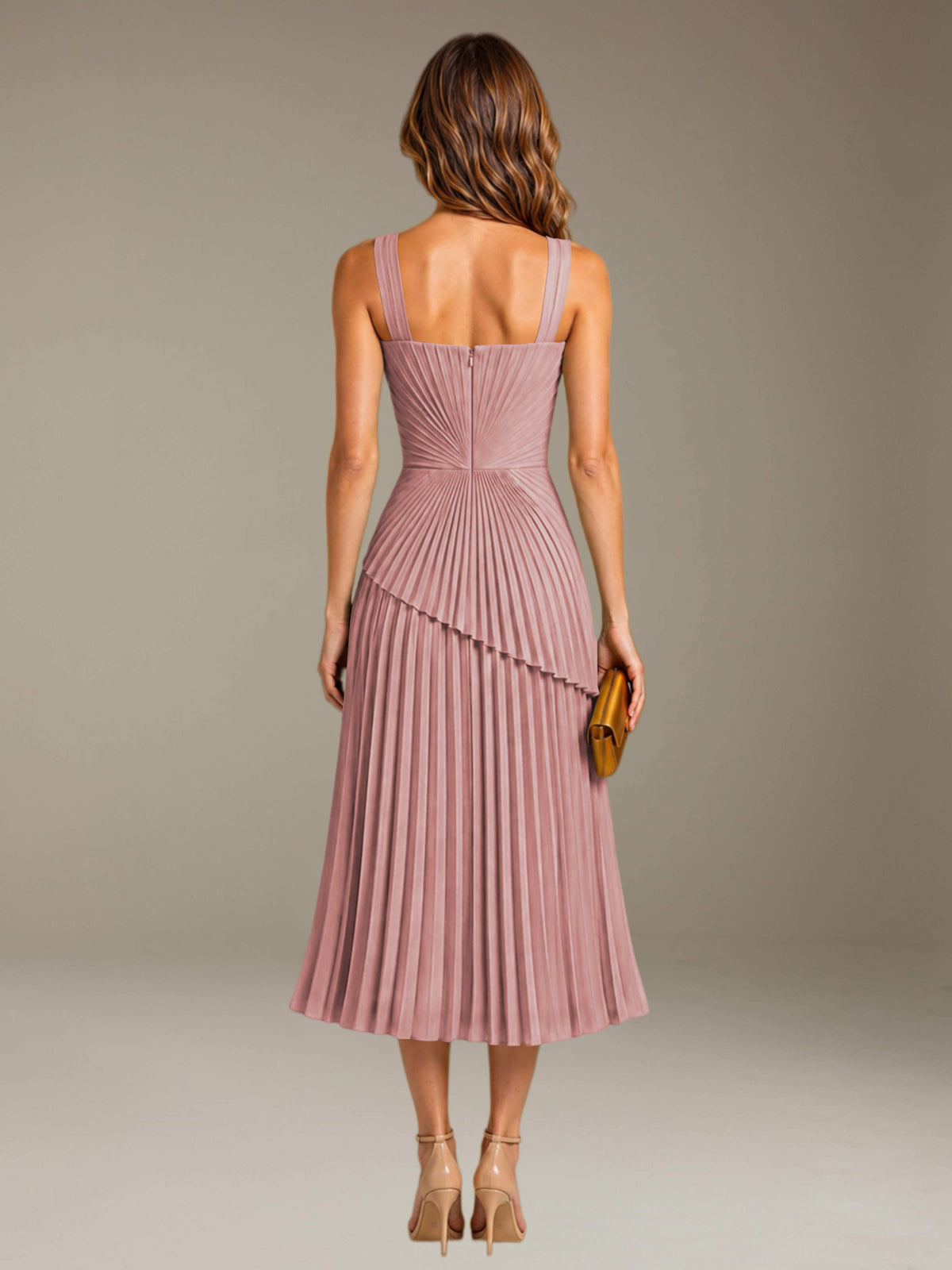 Dusty Rose Free Shipping Elegant Square Neck A-Line Tea-Length Chiffon Wedding Guest Dress with Pleated