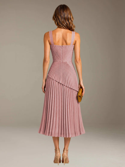 Dusty Rose Free Shipping Elegant Square Neck A-Line Tea-Length Chiffon Wedding Guest Dress with Pleated