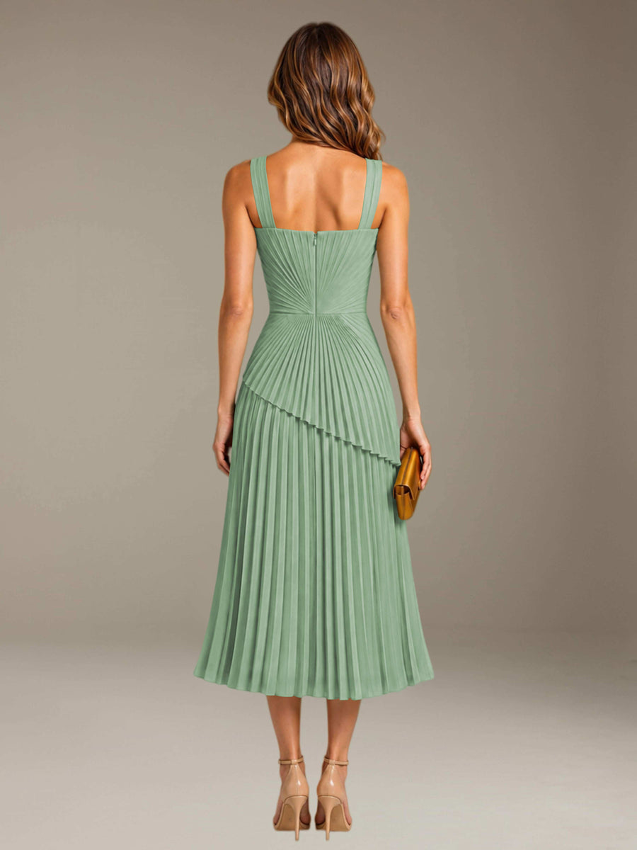 Dusty Sage Free Shipping Elegant Square Neck A-Line Tea-Length Chiffon Wedding Guest Dress with Pleated