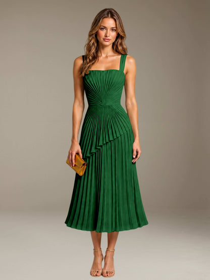 Emerald Green Free Shipping Elegant Square Neck A-Line Tea-Length Chiffon Wedding Guest Dress with Pleated