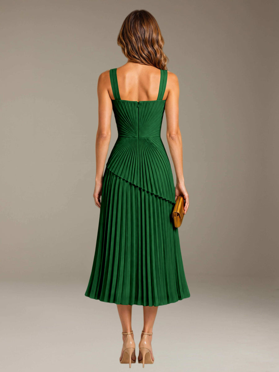 Emerald Green Free Shipping Elegant Square Neck A-Line Tea-Length Chiffon Wedding Guest Dress with Pleated