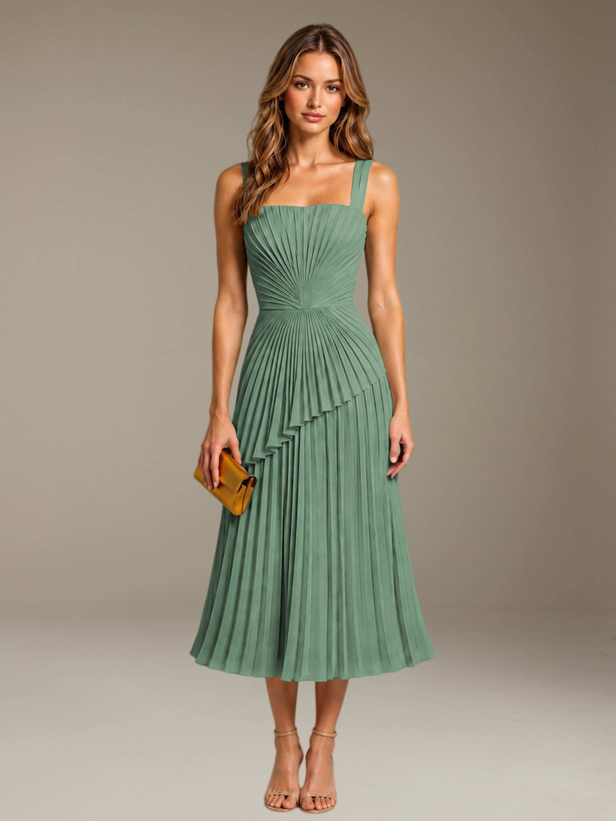Eucalyptus Free Shipping Elegant Square Neck A-Line Tea-Length Chiffon Wedding Guest Dress with Pleated