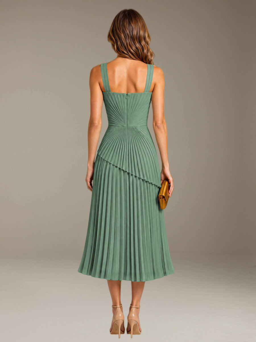 Eucalyptus Free Shipping Elegant Square Neck A-Line Tea-Length Chiffon Wedding Guest Dress with Pleated