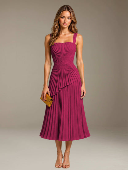 Fuchsia Free Shipping Elegant Square Neck A-Line Tea-Length Chiffon Wedding Guest Dress with Pleated