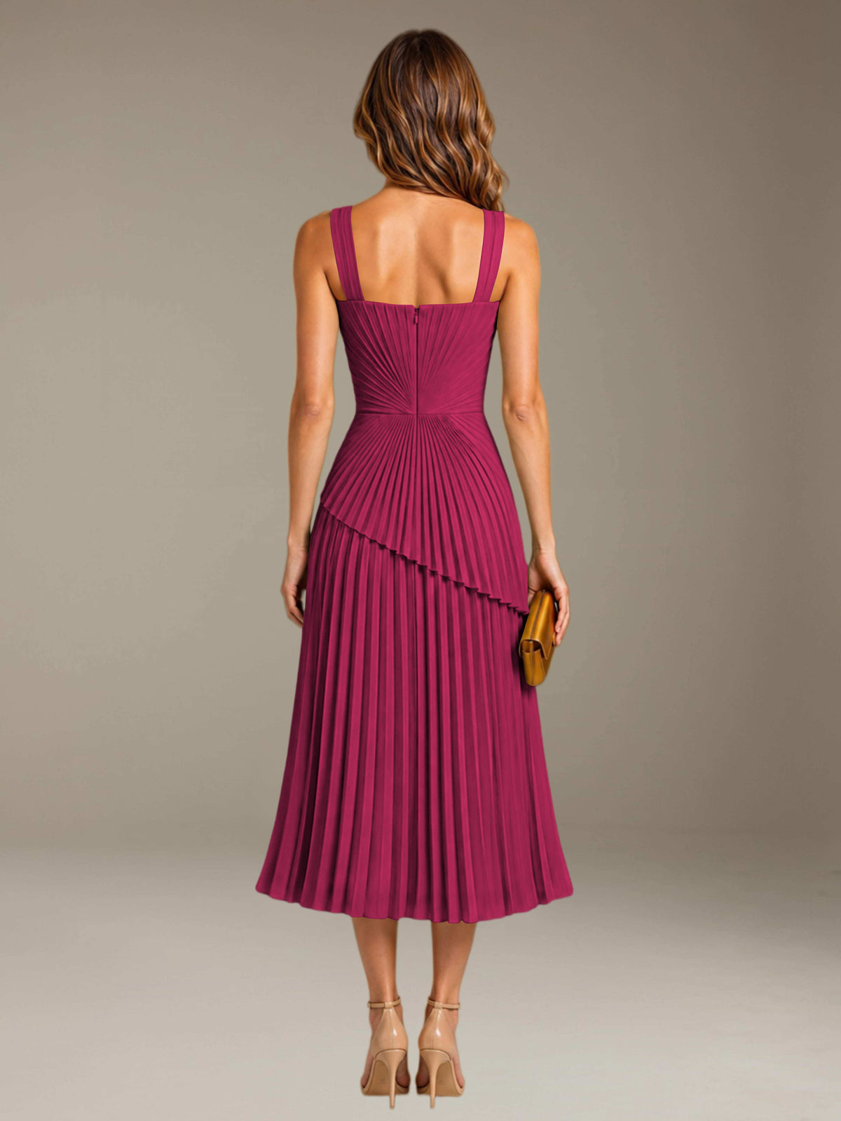 Fuchsia Free Shipping Elegant Square Neck A-Line Tea-Length Chiffon Wedding Guest Dress with Pleated