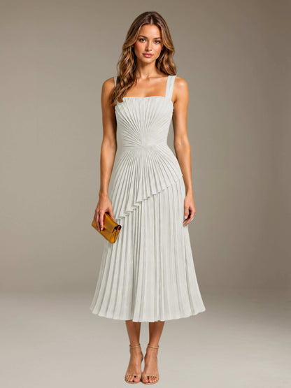 Ivory Free Shipping Elegant Square Neck A-Line Tea-Length Chiffon Wedding Guest Dress with Pleated