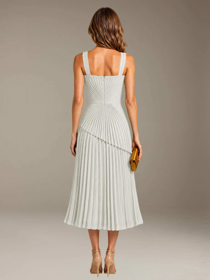 Ivory Free Shipping Elegant Square Neck A-Line Tea-Length Chiffon Wedding Guest Dress with Pleated