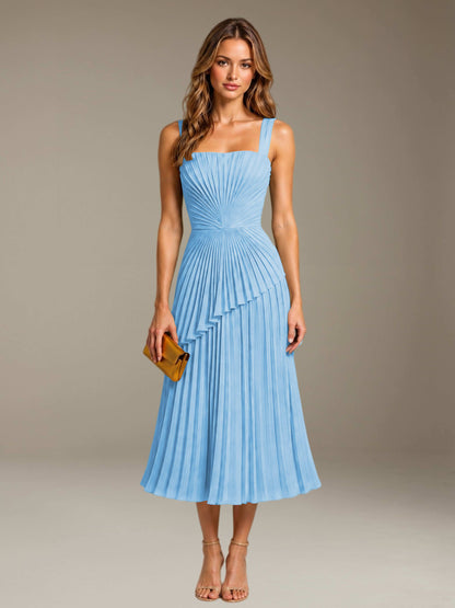 Light Blue Free Shipping Elegant Square Neck A-Line Tea-Length Chiffon Wedding Guest Dress with Pleated