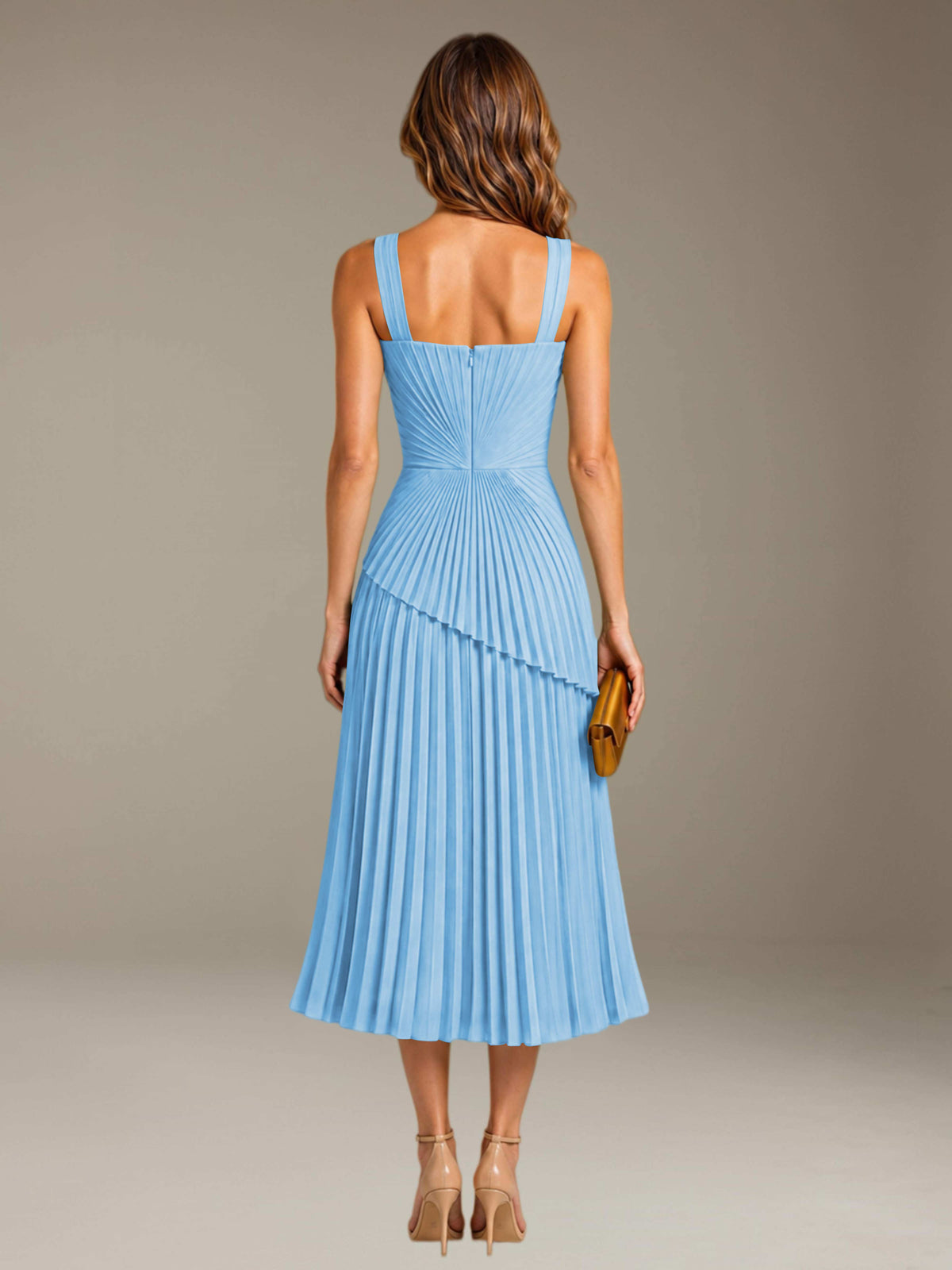 Light Blue Free Shipping Elegant Square Neck A-Line Tea-Length Chiffon Wedding Guest Dress with Pleated